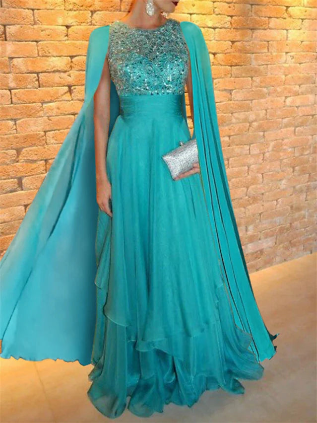 Prom Dresses Stores A-Line/Princess Jewel Neck Floor-Length Evening Dresses Appliques Shawl Formal Women's Dresses